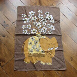 Vintage 70s Linen Kitchen Tea Towel Elephant Flowers Hand Printed